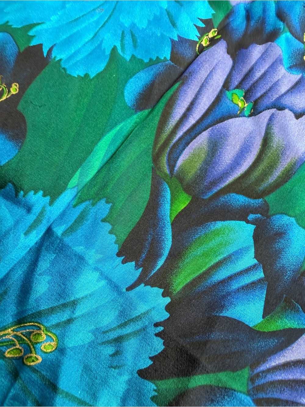 Vintage 80s Oscar de la Renta Teal & Blue Floral Silk Scarf with Gold Detail - Picture 4 of 4